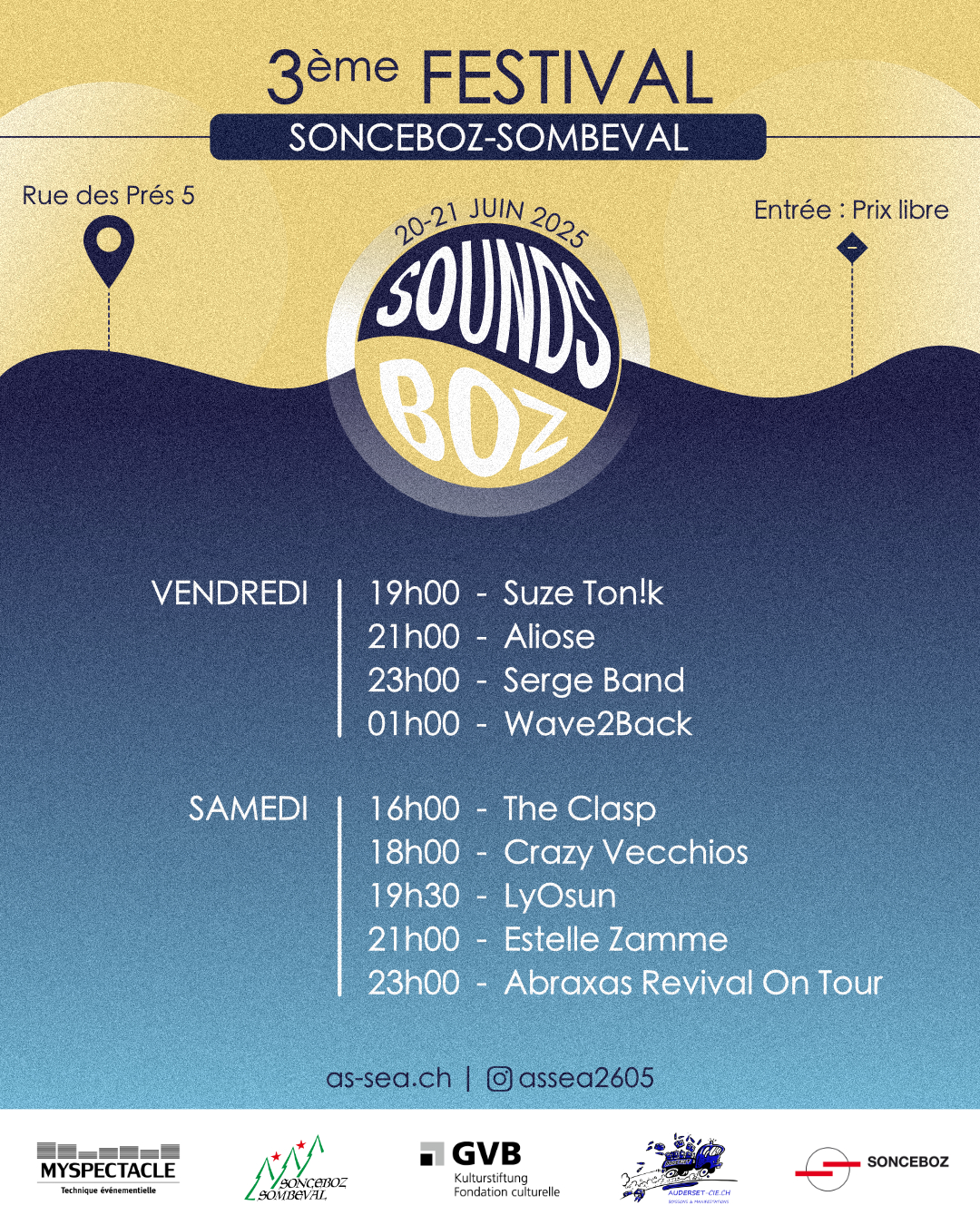 Affiche du Sounds'Boz Festival 2025 avec la programmation organisé par l'AS-SEA