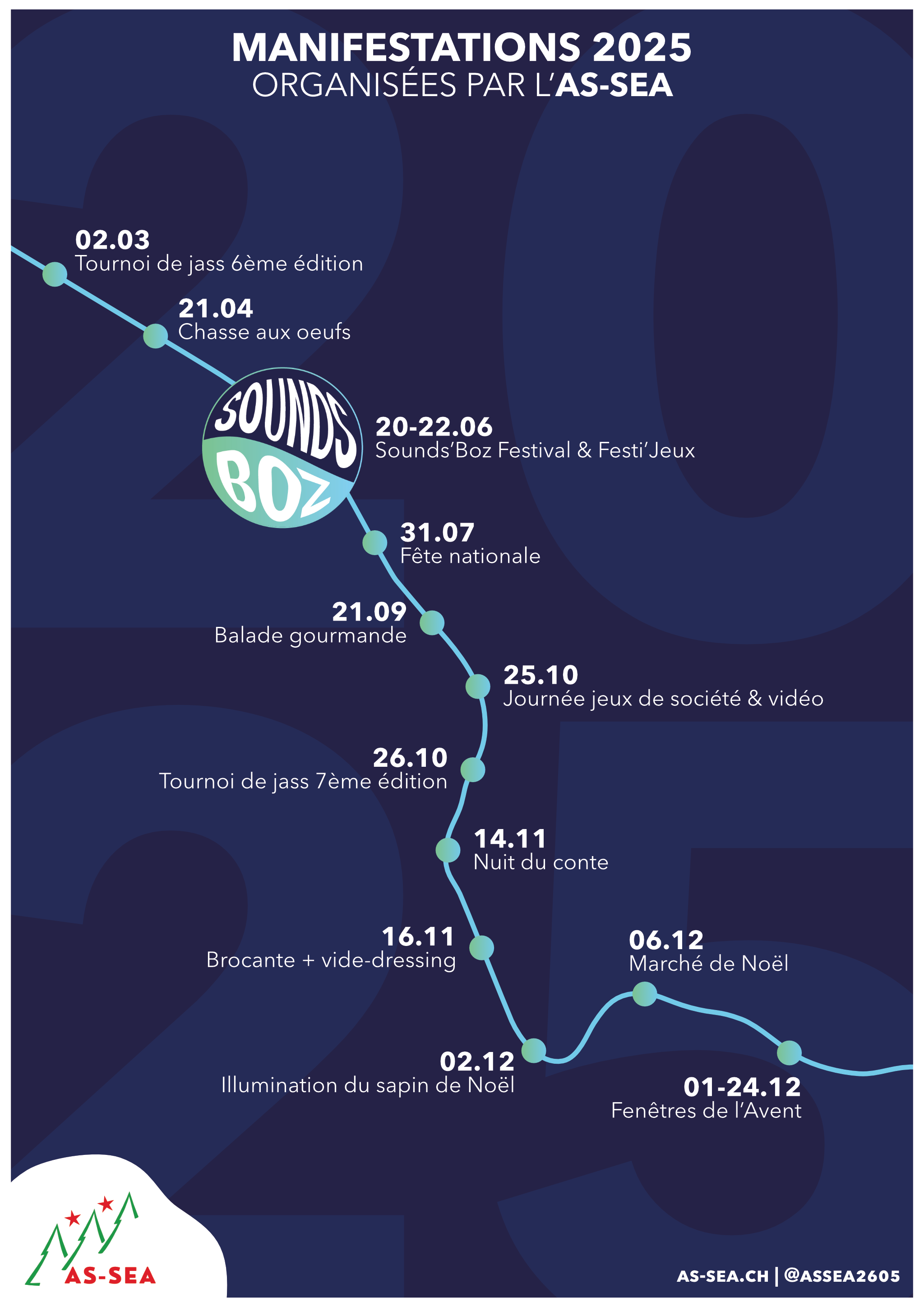Affiche des manifestations 2025 de l'AS-SEA de Sonceboz-Sombeval